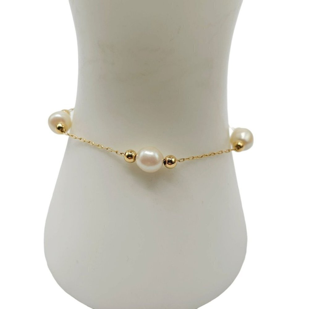 Trifari Faux Pearl Chain Bangle Bracelet Gold Tone Spring Ring Closure Vintage